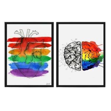 Imagem de Kit 2 Quadros Coração E Cérebro Gay 45X34Cm Com Vidro Preta