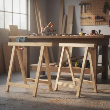 Imagem de 2 Cavaletes Apoio Para Obra Mesa Pe Madeira Pinus Reforçado - Tudo Jar