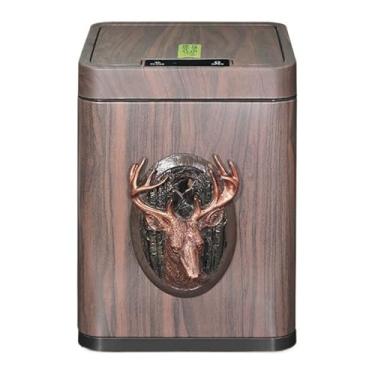 Imagem de Caixote de lixo vintage de grão de madeira com tampa, lixeira de indução inteligente com balde de forro removível e porta de carregamento USB, lata de lixo automática quadrada moderna (veado, 12L)