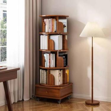 Imagem de Estante rotativa com 5 camadas de altura estantes independentes de canto prateleira de livros de madeira giratória 360° organizador de prateleiras para sala de estar quarto, 5 camadas