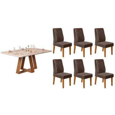 Imagem de Conjunto: Mesa Sala Jantar Celeste c/ Tampo Madeirado c/ Vidro Curvo 160x90cm e 6 Cadeiras Ondina Freijo/Off White - Suede Moca - DJ Móveis