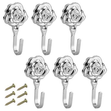 Imagem de LELE LIFE Pacote com 6 ganchos de parede decorativos vintage, cabideiro, suporte de parede, ganchos de toalha de metal para banheiros, casacos, bolsas, chaves, prata