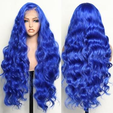 Imagem de SOKU Peruca frontal de renda 33 x 15 cm azul ondulado sintético pré-arrancado com cabelo de bebê renda suíça transparente favorável ao calor azul colorido peruca frontal para mulheres