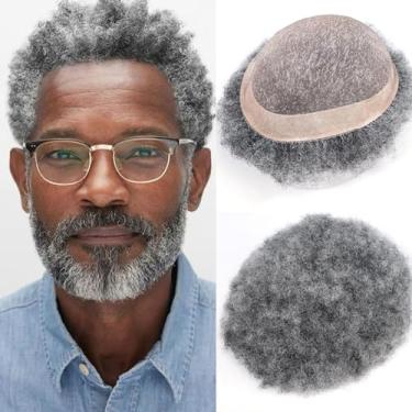 Imagem de Peruca masculina acinzentada afro cacheada fina mono com sistema de substituição de peça de cabelo humano Npu 1B Off Black com 50% perucas de peruca afro-americana cinza 20 x 25 cm