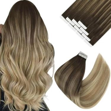 Imagem de Ve Sunny Extensões de cabelo com fita adesiva cabelo humano real invisível Remy cabelo humano liso fita dupla face marrom escuro balayage loiro dourado escuro destaque loiro platinado 50,8 cm 10 peças
