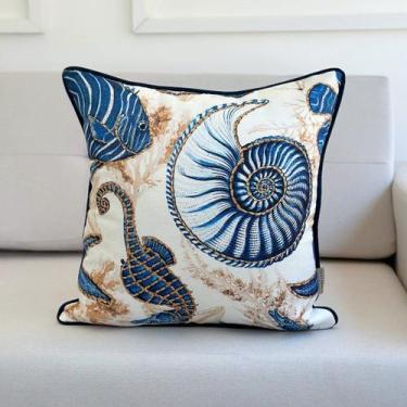 Imagem de Capa Almofada Linhão Fundo do Mar Azul c/ Debrum Azul 45x45 - AMOFADAS