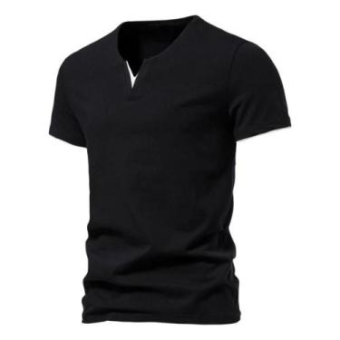 Imagem de Camiseta Henley Masculina Slim Fit Com Decote Em V Para O Verão, Respi