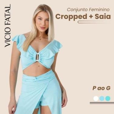 Imagem de Conjunto Feminino Poliamida Cropped + Saia Transpassada Moderno Verão Social Reveillon-Feminino
