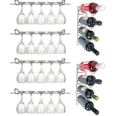 Imagem de Conjunto de 4 Suportes 25cm para Taças e 2 Adegas de Parede para Vinho