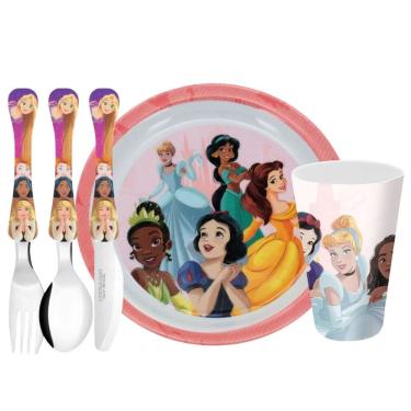 Imagem de Jogo Refeição Infantil Princesas Disney 5 Peças Prato Fundo, Copo e Talheres