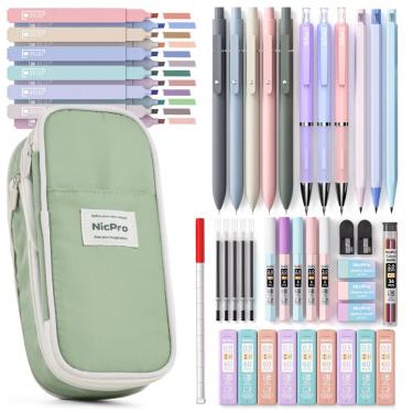 Imagem de Kit escolar 50 peças Nicpro verde com estojo, canetas em gel, marcadores e lapiseiras