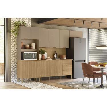 Imagem de Cozinha Compacta Glam 8 Portas MDF 320cm Amadeirado com Painel Ripado Freijó e Vanilla