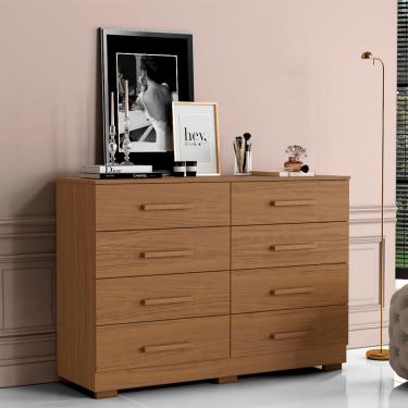 Imagem de Cômoda Sirlei 8 Gavetas em MDF com Puxador em MDF Amadeirado para Quarto Estilo Clássico 136cm