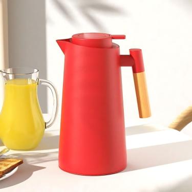 Imagem de Garrafa Térmica 1 l Cabo Madeira MC12993 para Café e Chá em Aço Inox Plástico Resistente com Tampa de Vedação e Botão