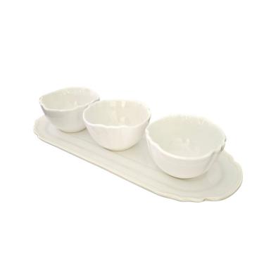 Imagem de Petisqueira Travessa com 3 Bowls para Servir em Cerâmica com Molheira Retangular para Mesa Branco Scala