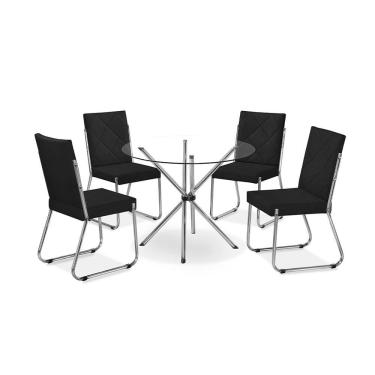 Imagem de Conjunto de Jantar Leticia Plus 4 Lugares Tampo em Vidro com Cadeiras Estofadas Suede Preto 77X57CM