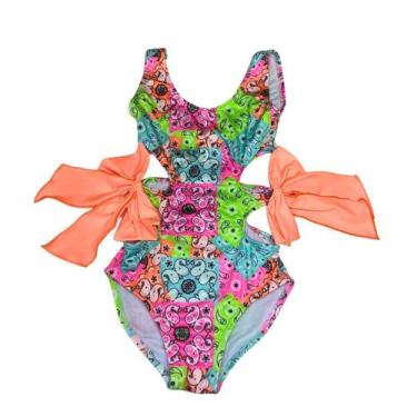 Imagem de Maiô Infantil Proteção UPF50+ Manu - 2 laços - Bandana Neon - Banho Ma