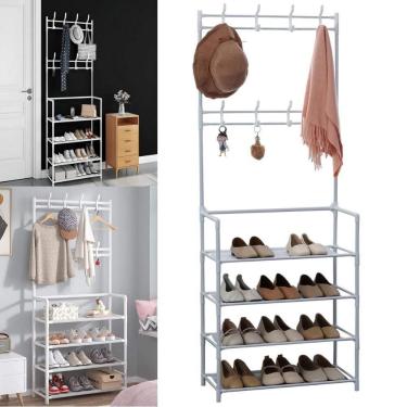 Imagem de Sapateira Cabideiro Arara Multifuncional Branca Roupas Sapato Bolsa Rack Organizador Po...