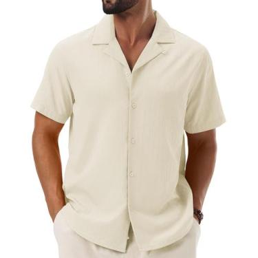 Imagem de Camisa masculina Cotrasen, de linho, manga curta, com botões, bege, br