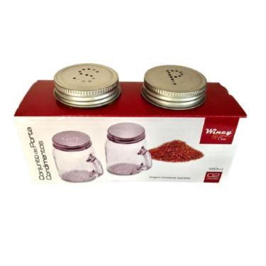 Imagem de Kit Porta Sal Pimenta Mini Canecas Vidro Transp Alça e Tampa Prata 120
