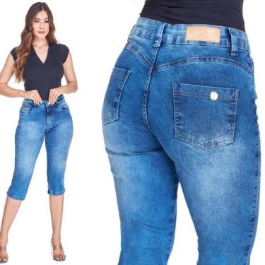 Imagem de Calça Capri Jeans Feminina HNO Cintura Alta Elastano Azul Claro - HNO 