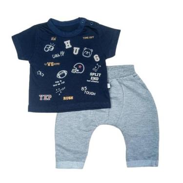 Imagem de Conjunto Bebê Menino Camiseta Manga Curta Azul + Calça - Hug, M, Azul 