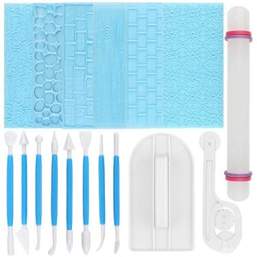 Imagem de Tapete de impressão Fondant em relevo, flor em relevo, pedras, tijolos, casca de árvore, moldes de textura com ferramentas de modelagem de artesanatos, mais suave, rolo de massa e cortador