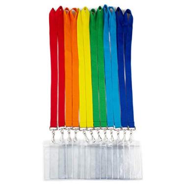 Imagem de YOYOGO Pacote com 12 cordões de cruzeiro com suporte de cartão de identificação à prova d'água, cordão durável de cor sólida colorida com porta-crachá para cartão de identificação e vela de carnaval (arco-íris sortidas, 6 cores, pacote com 12)