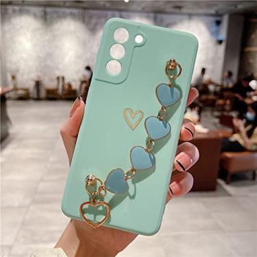 Imagem de 3d amor coração pulseira de pulso capa de telefone para samsung s22 s21 plus nota 20 ultra s20 fe a52 a72 a12 a42 a32 a51 a71 capa de silicone, ciano claro, para s22