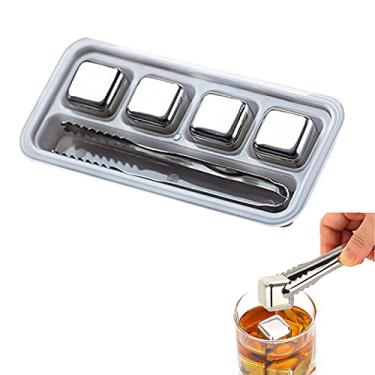 Imagem de HIOD Conjunto de cubos de gelo Whisky Pedras reutilizáveis de aço inoxidável grau alimentício Cubo refrigerante Rock Party Bar Tool com clipe, 4 peças