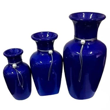 Imagem de Trio Vasos Urnas Jad Em Cerâmica De Aparador Azul Royal