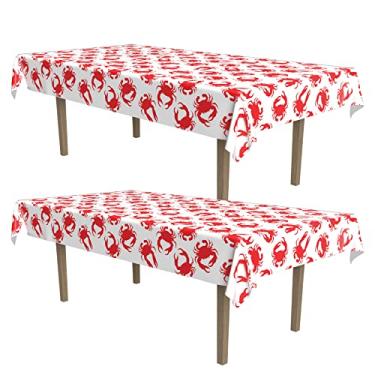 Imagem de Beistle Capa de mesa de caranguejo, 137 cm x 274 cm, 2 peças – toalha de mesa de plástico, decorações de festa de verão, capa de mesa retangular, suprimentos de festa para ferver caranguejo,