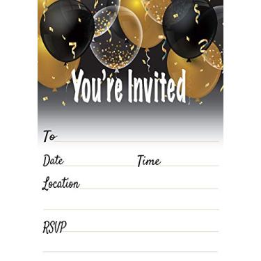 Imagem de Convites para balões pretos e dourados conjunto de 25 com envelopes. Convites para aniversários, doces 16, chás de panela, chás de bebê, marcos de aniversário e mais.