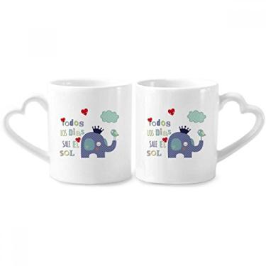 Imagem de Conjunto de canecas de porcelana para casal, elefante e nuvem de pássaro, com coroa de desenho animado, coração