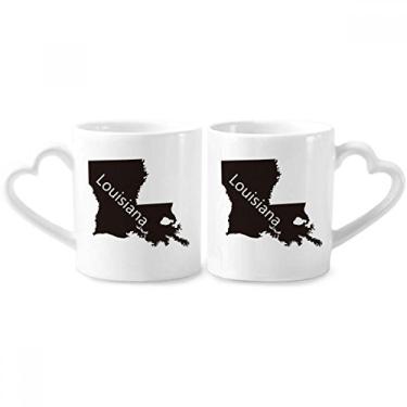 Imagem de Conjunto de canecas de porcelana para casais, contorno do mapa dos EUA, da Louisiana America, coração