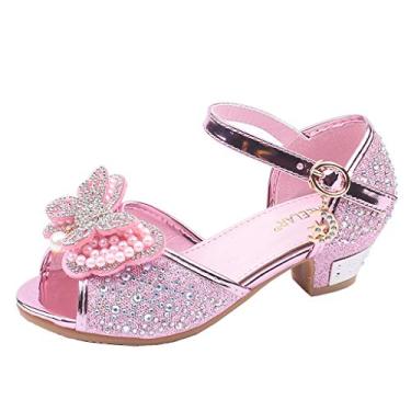 Imagem de Sandálias infantis para meninas pérola nó borboleta cristal sapatos de princesa simples sapatos iluminados para meninas (rosa, 11 anos)
