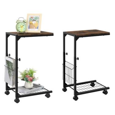 Imagem de Conjunto de mesa C de mesa lateral em forma de C com altura ajustável pequena mesa de sofá que desliza sob a cama mesa de canto de sofá com rodas para sala de estar quarto, marrom rústico