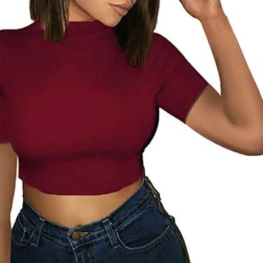 Imagem de VINGVO Espartilho feminino camiseta manga curta cor pura slim fit fibra de poliéster para esportes fitness, Vinho tinto, XG