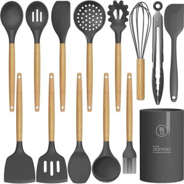 Imagem de Conjunto de utensílios de cozinha de silicone °C °C resistente ao calor, espátula, pinça, colher, escova, batedor, utensílios de cozinha antiaderentes, livre de BPA (cinza)