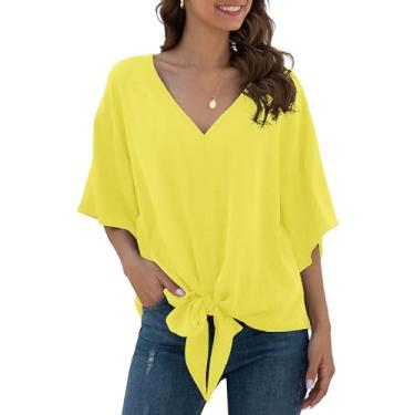 Imagem de VIISHOW Blusas femininas de chiffon com laço frontal, gola V, manga curta, manga morcego, camisas de verão, Amarelo macio, M