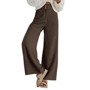 Imagem de Calça de veludo cotelê feminina 2023 casual cintura alta com botões duplos elástica ajuste solto perna larga A agasalho para, Café, GG