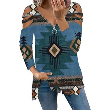 Imagem de Tops de ombro frio para mulheres com estampa solta, camisas de manga comprida, bainha fluida, zíper, gola V, alça, túnica bordada com floral Geometria Tribal Asteca Ocidental M12-Azul X-Large
