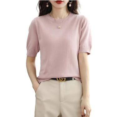 Imagem de Suéter feminino de manga curta com gola redonda de algodão, blusa de malha leve, rosa, M