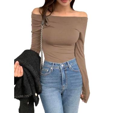 Imagem de RoseSeek Camiseta feminina com ombros de fora manga longa gola canoa camiseta de malha canelada Y2k Tops da moda, Marrom café, P