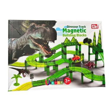 Imagem de Blocos magnéticos Car Track 120 peças com 2 carros, 2 dinossauros