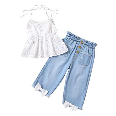 Imagem de Macacão para bebês meninas, sem mangas, renda, babados, jeans, duas peças, Branco, 2-3 Anos