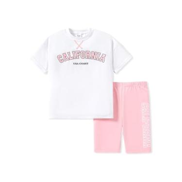 Imagem de PATPAT Conjunto de 2 peças para meninas, conjunto de camiseta e leggings, short de motociclista para meninas, Rosa (candy), 7-8 Anos