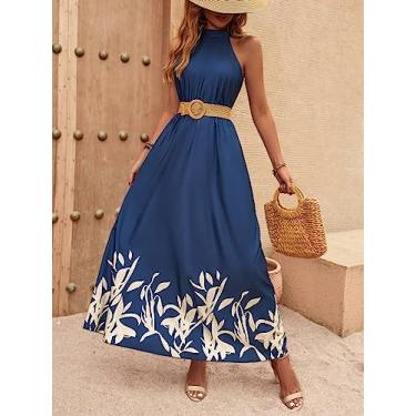 Imagem de Camisa Feminina Floral Print Halter Neck Dress Without Belt (Color : Blue, Size : M)