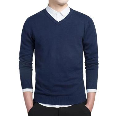 Imagem de Suéter de algodão masculino manga longa cardigã masculino gola V suéter solto sólido botão ajuste tricô estilo casual, Azul marinho, G