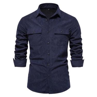 Imagem de Camisa masculina de veludo cotelê primavera outono manga longa vintage cor sólida bolsos tamanho europeu camisas streetwear, Azul marinho, G